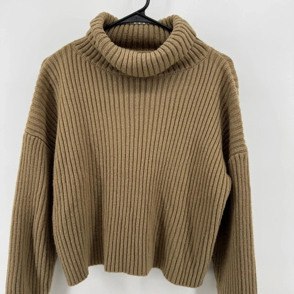 Womens Dark Academia Cropped Knit Cottage Core Ribbed Turtleneck Sweater Camel - Picture 1 of 7